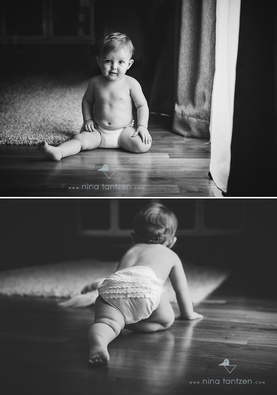 black and white portraits of crawling baby