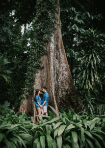 couple standing next to huge old tree
