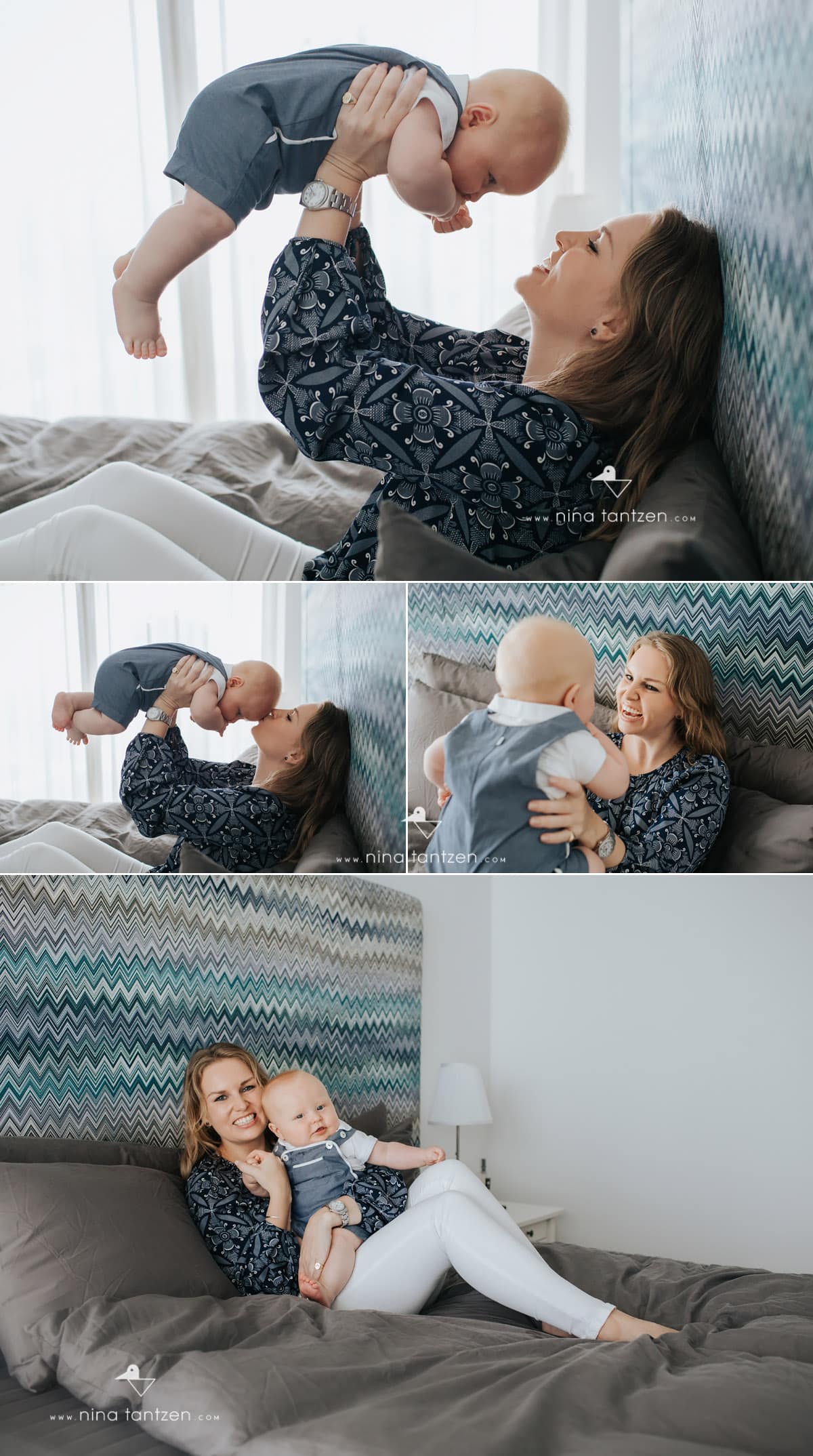 mother and baby boy sitting on bed