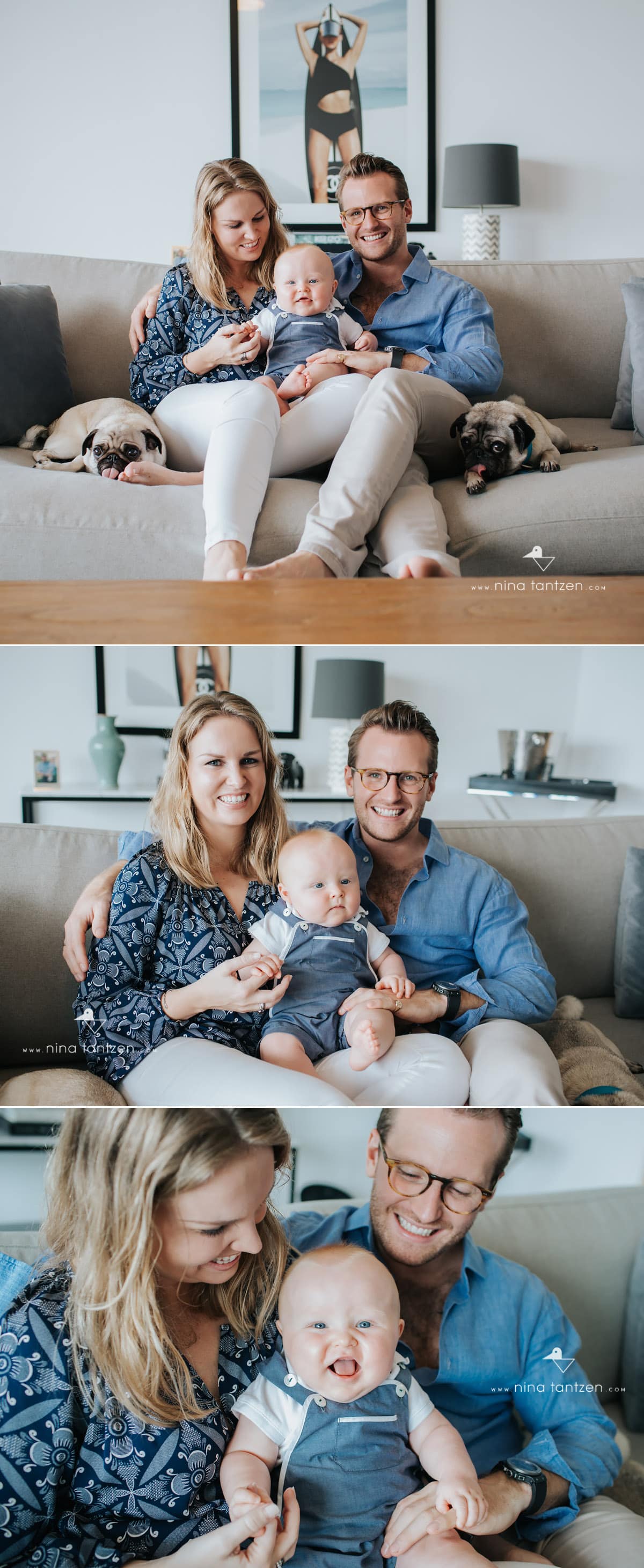 family portraits with dogs and baby boy indoors